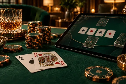 Cards and an online card game in warm lighting — illustration
